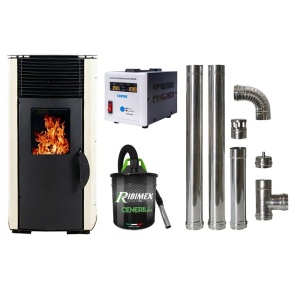 Pachet economic - Soba pe peleti KOPH PD 8 kW, cu aer cald, buncar peleti 8 kg, 50 mp, Crem + Stabilizator tensiune + Aspirator cenusa 1000W + Cos fum inox de interior ⌀80 mm