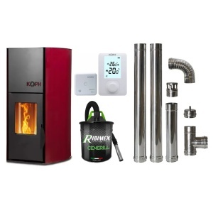 Pachet economic - Termosemineu cu peleti KOPH PM 18 kW, 120 mp, buncar 15 kg, diametru cos fum ⌀80 mm, pompa recirculare si vas expansiune incorporate, Bordo + Termostat ambiental KOPH 303RF + Aspirator cenusa 1000W + Cos fum inox de interior ⌀80 mm