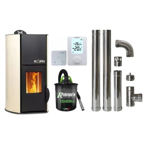Pachet economic - Termosemineu cu peleti KOPH PM 30 kW, 200 mp, buncar peleti 30 kg, diametru cos fum ⌀80 mm, pompa recirculare si vas expansiune incorporate, Crem + Termostat ambiental KOPH 303RF + Aspirator cenusa 1000W + Cos fum inox de interior ⌀80 mm