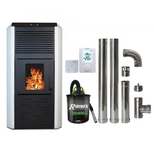 Pachet economic - Termosemineu cu peleti Termax Kamin ECO, 30 kW, 220 mp, buncar peleti 55 kg, diametru cos fum ⌀80 mm, vas expansiune si pompa recirculare incluse, Alb + Termostat KOPH 303RF + Aspirator cenusa 1000W + Cos fum inox de interior ⌀80 mm