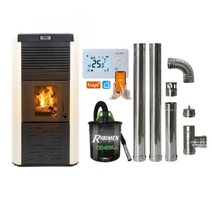 Pachet economic - Termosemineu cu peleti Termax Kamin ECO, 30 kW, 220 mp, buncar peleti 55 kg, diametru cos fum ⌀80 mm, vas expansiune si pompa recirculare incluse, Crem + Termostat inteligent + Aspirator cenusa 1000W + Cos fum inox de interior ⌀80 mm