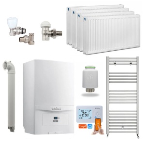 Pachet Economie si Eficienta - Centrala termica pe gaz/GPL in condensare Vaillant ecoTEC pure VUW 236/7-2, 20.2 kW, incalzire si ACM, Kit de evacuare inclus, calorifere, robineti tur/retur, cap termostatic Wi-Fi si termostat inteligent KOPH I302