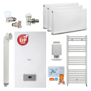 Pachet Economie si Eficienta - Centrala termica pe gaz in condensare Saunier Duval Semia 25-A, 19,1 kW, Kit evacuare inclus, calorifere, robineti tur/retur, cap termostatic Wi-Fi si termostat inteligent KOPH I302