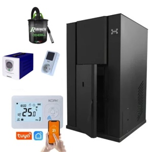 Pachet Smart Control - Centrala peleti KOPH PM 35 KW, 230 mp, diametru cos fum ⌀100 mm, pompa recirculare si vas expansiune incorporate, Negru + Termostat inteligent KOPH I302 WiFi + Aspirator cenusa 1000W + Sursa KOPH 500 W + Stecher