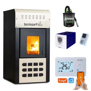 Pachet Smart Control - Termosemineu pe peleti Termax Kamin ECO, 25 kW, 160 mp, volum apa 42 litri, vas expansiune si pompa recirculare incluse + Termostat inteligent KOPH I302 WiFi + Aspirator cenusa 1000W + Sursa KOPH 500 W + Stecher