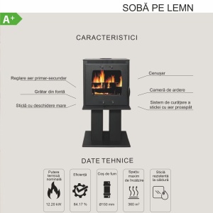 Pachet soba pe lemn Termax Luxora cu picior, 12.2 kW, randament 84.17%, 80 m², Antracit, set accesorii, aspirator cenusa si suport lemne foc metalic Termax XL - Img 8
