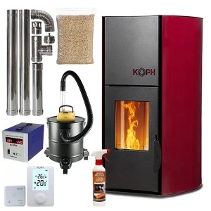 Pachet termosemineu cu peleti KOPH PM 18 kW, 120 mp, buncar 15 kg, diametru cos fum ⌀80 mm, pompa recirculare si vas expansiune incorporate, Bordo