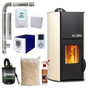 Pachet termosemineu cu peleti KOPH PM 25 kW Fiama, 160 mp, buncar peleti 25 kg, diametru cos fum ⌀80 mm, pompa recirculare si vas expansiune incorporate, Sursa KOPH 700 W + Stecher Schuko cu protectie la joasa si inalta tensiune, Crem