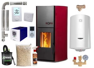 Pachet termosemineu cu peleti KOPH PM 25 kW Fiama, 160 mp, buncar peleti 25 kg, diametru cos fum ⌀80 mm, pompa recirculare si vas expansiune incorporate, Bordo, Grup siguranta, Boiler termoelectric Ariston 100 litri, Sursa KOPH 700 W + Stecher Schuko