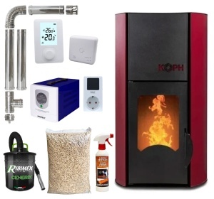 Pachet termosemineu cu peleti KOPH PM 30 kW, 200 mp, buncar peleti 30 kg, diametru cos fum ⌀80 mm, pompa recirculare si vas expansiune incorporate, Sursa KOPH 700 W + Stecher Schuko cu protectie la joasa si inalta tensiune, Bordo
