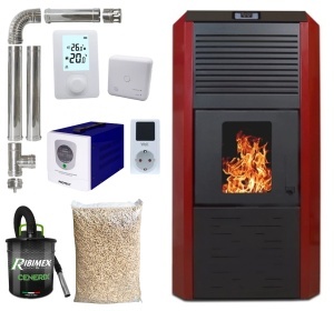 Pachet termosemineu cu peleti Termax Kamin ECO, 30 kW, 220 mp, buncar peleti 55 kg, volum apa 49 litri, diametru cos fum ⌀80 mm, vas expansiune si pompa recirculare incluse, Sursa KOPH 700 W + Stecher Schuko cu protectie la joasa si inalta tensiune, Bordo