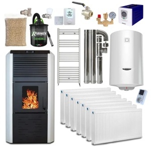 Pachet termosemineu cu peleti Termax Kamin ECO, 30 kW, 220 mp, buncar peleti 55 kg, volum apa 49 litri, diametru cos fum ⌀80 mm, vas expansiune si pompa recirculare incluse, Alb, Grup siguranta, Calorifere, Robineti, Boiler termoelectric 100 litri