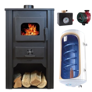 Pachet Termosemineu pe lemn Termax Alma, 11.52 kW, randament 85.59%, 75 m², Bordo, Grup siguranta, Pompa recirculare si Boiler termoelectric Tesy 80 litri