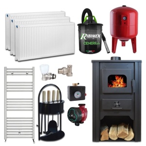 Pachet termosemineu pe lemn Termax Alma, 11.52 kW, randament 85.59%, 75 m², Rosu, Calorifere, Pompa Recirculare, Grup siguranta, Vas expansiune, Robineti tur/retur