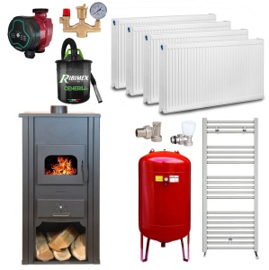 Pachet Termosemineu pe lemn Termax Thermis, 24.43 kW, randament 85.10%, 155 m², Calorifere, Pompa Recirculare, Grup siguranta, Vas expansiune, Robineti tur/retur
