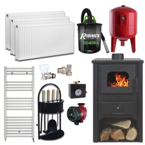 Pachet Termosemineu pe lemn Termax Vulcan, 11.52 kW, randament 85.59%, 75 m², Antracit, Calorifere, Pompa Recirculare, Grup siguranta, Vas expansiune, Robineti tur/retur, Aspirator cenusa si set accesorii