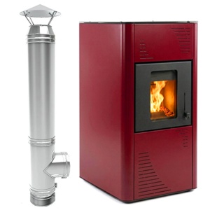 Pachet Termosemineu pe peleti Termax Kamin PM 15 kW, 120 mp, buncar peleti 30 kg, volum apa 30 litri, diametru cos ⌀80 mm, vas expansiune, pompa recirculare incluse si cos de fum din inox cu dublu perete, inaltime 4 metri, diametru interior ⌀80 mm