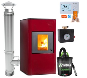 Pachet Termosemineu pe peleti Termax Kamin PM 15 kW, vas expansiune, pompa recirculare incluse si cos de fum din inox cu dublu perete, inaltime 4 metri, diametru interior ⌀80 mm, Grup de siguranta, Termostat inteligent WIFI KOPH, Aspirator cenusa