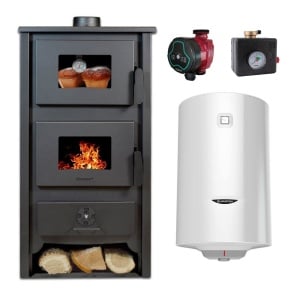 Pachet Termosoba pe lemn Termax Codru, 24.43 kW, cuptor integrat, randament 85.10%, 155 m², Negru, Grup siguranta, Pompa recirculare si Boiler termoelectric Ariston 100 litri