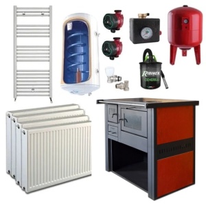Pachet Termosoba pe lemn Termax Culina, 12.05 kW, evacuare pe dreapta, cuptor integrat, randament 85.29%, 80 m², Calorifere, Pompe Recirculare, Grup siguranta, Vas expansiune, Robineti tur/retur, Aspirator cenusa, Boiler termoelectric Tesy 80 litri
