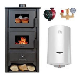 Pachet Termosoba pe lemn Termax Zorile, 24.43 kW, cuptor integrat, randament 85.10%, 155 m², Rosu, Grup siguranta, Pompa recirculare si Boiler termoelectric Ariston 100 litri
