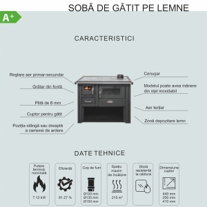 Soba pe lemn Termax Nobil, 7.12 kW, evacuare pe dreapta, cuptor integrat, randament 81.27%, 47 m², Rosu - Img 6