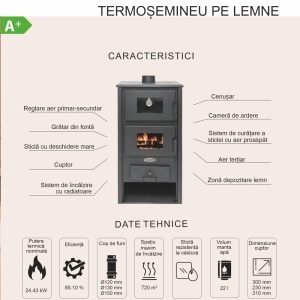 Termosoba pe lemn Termax Codru, 24.43 kW, cuptor integrat, randament 85.10%, 155 m², Antracit - Img 10