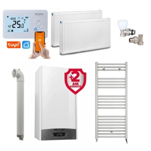 Pachet apartament cu 1 camera, centrala Ariston Clas One WIFI 24 kW, incalzire si ACM, Kit evacuare inclus + Termostat inteligent KOPH i302 + 2 ani extragarantie, Calorifere, Set robineti tur/retur
