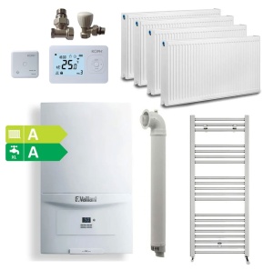 Pachet apartament cu 3 camere, centrala termica pe gaz/GPL in condensare Vaillant ecoTEC pure VUW 236/7-2, 20.2 kW, incalzire si ACM, Calorifere, Termostat Inteligent, Set robineti calorifere, Kit evacuare inclus