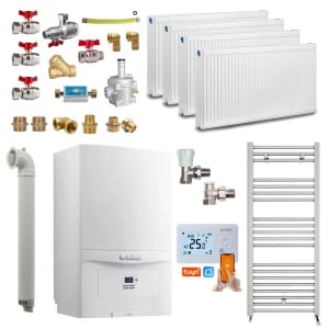 Pachet apartament cu 3 camere, centrala termica pe gaz in condensare Vaillant ecoTEC pure VUW 286/7-2, 26.1 kW, Termostat inteligent, Set robineti, Calorifere, Kit evacuare inclus si Kit complet armaturi montaj