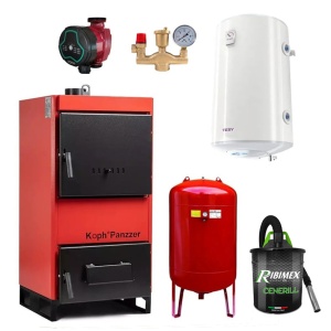 Pachet centrala/Cazan pe lemn/carbuni KOPH Panzzer 52 kW/60 kW cu regulator de tiraj inclus, Ø 160 mm, volum manta apa 100 litri, Pompa recirculare, Vas expansiune 50 litri, Boiler termoelectric
