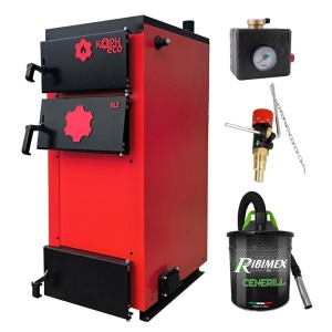 Pachet Centrala/Cazan pe lemn KOPH ECO 35 kW, cu ardere standard, 210 mp, volum manta apa 87 litri, diametru cos fum ⌀179 mm, randament 86%, Grup Siguranta KOPH, Regulator de Tiraj Honeywell