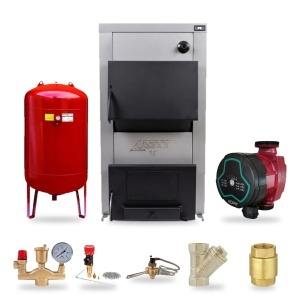 Pachet centrala/Cazan pe lemn Lafat 35 kW, cu ardere standard, volum manta apa 105 litri, Pompe recirculare, Vas expansiune, Regulator tiraj