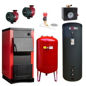 Pachet Centrala/Cazan pe lemn Termax 30 kW, cu ardere standard, volum manta apa 90 litri, Vas expansiune, Puffer 750 l, Pompe recirculare, Grup Siguranta