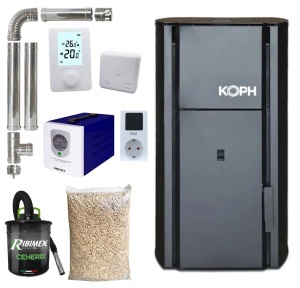 Pachet centrala cu peleti KOPH PM 30 kW, 200 mp, buncar peleti 30 kg, diametru cos fum ⌀80 mm, manta apa 30 litri, pompa recirculare si vas expansiune incorporate, Sursa KOPH 700 W + Stecher Schuko cu protectie la joasa si inalta tensiune