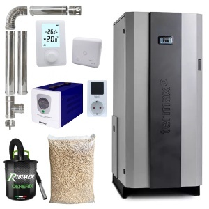 Pachet centrala cu peleti Termax Compact 25 kW, 170 mp, buncar peleti 75 kg, volum apa 60 litri, diametru cos fum ⌀80 mm, vas expansiune si pompa recirculare, Sursa KOPH 700 W + Stecher Schuko cu protectie la joasa si inalta tensiune