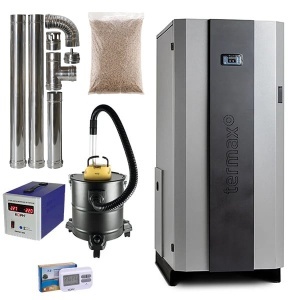 Pachet centrala cu peleti Termax Compact 30 kW, 200 mp, buncar peleti 90 kg, volum apa 70 litri, diametru cos fum ⌀80 mm, vas expansiune si pompa recirculare incluse