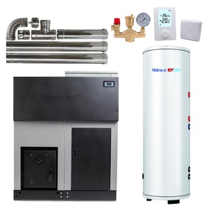Pachet centrala cu peleti Termax ECO GRI 50 kW, 330 mp, buncar peleti 170 kg, volum apa 150 litri, diametru cos fum ⌀120 mm, Boiler stativ cu serpentina marita 2 in 1 ACM & Buffer, Grup siguranta, Termostat 303RF KOPH si Kit cos fum interior