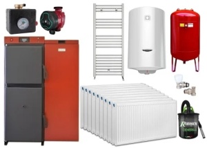 Pachet centrala mixta lemn/pelet Termax Tera 40 kW, 265 mp, buncar peleti 120 kg, volum manta apa 100 litri, diametru cos Ø120 mm, Termostat ambiental, Calorifere, Robineti, Pompa recirculare, Boiler termoelectric 100 litri, Grup siguranta
