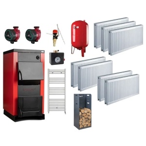 Pachet centrala pe lemn Termax 30 kW, cu ardere standard, volum manta apa 90 litri, 8 Calorifere, Pompe Recirculare, Vas expansiune 50 litri