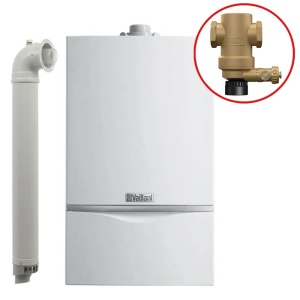 Pachet centrala termica in condensare Vaillant Ecotec Plus VU 656/5-5, doar incalzire, 65 kW, Kit de evacuare inclus + Filtru antimagnetita si anti-namol, Reflex Exdirt D 1 1/4" M