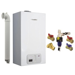 Pachet centrala termica pe gaz/GPL in condensare Fondital Antea KC 24 kW, incalzire si ACM, Clasa A, Kit de evacuare inclus si kit de instalare cu filtru magnetic Tiemme 3/4"
