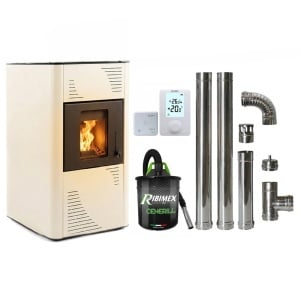 Pachet economic - Termosemineu pe peleti Termax Kamin PM 15 kW, 120 mp, buncar peleti 30 kg, diametru cos fum ⌀80 mm, vas expansiune si pompa recirculare incluse, Ivory + Termostat KOPH 303RF + Aspirator cenusa 1000W + Cos fum inox de interior ⌀80 mm