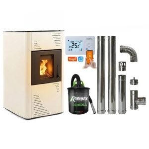 Pachet economic - Termosemineu pe peleti Termax Kamin PM 15 kW, 120 mp, buncar peleti 30 kg, diametru cos fum ⌀80 mm, vas expansiune si pompa recirculare incluse, Ivory + Termostat inteligent + Aspirator cenusa 1000W + Cos fum inox de interior ⌀80 mm