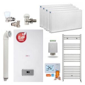 Pachet Economie si Eficienta - Centrala termica pe gaz in condensare Saunier Duval Semia 25-A, 19,1 kW, Kit evacuare inclus, calorifere, robineti tur/retur, cap termostatic Wi-Fi si termostat inteligent KOPH I302