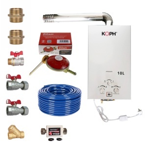 Pachet instant GPL KOPH TF10 cu tiraj fortat pentru apa calda menajera, 20 kW, debit 10 l/min, kit de evacuare inclus, ceas butelie, filtru Y si filtru magnetic