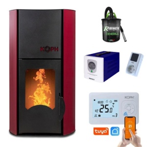 Pachet Smart Control - Termosemineu cu peleti KOPH PM 30 kW, 200 mp, diametru cos fum ⌀80 mm, pompa recirculare si vas expansiune incorporate, Bordo + Termostat inteligent KOPH I302 WiFi + Aspirator cenusa 1000W + Sursa KOPH 500 W + Stecher