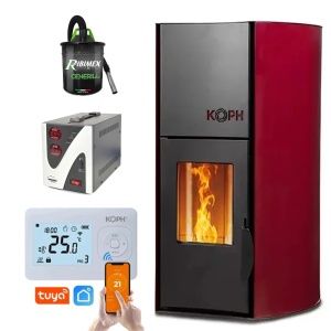 Pachet Smart Control - Termosemineu pe peleti KOPH PM 12 kW, 80 mp, buncar peleti 12 kg, diametru cos fum ⌀80 mm, pompa recirculare si vas expansiune incorporate + Termostat inteligent KOPH I302 WiFi + Aspirator cenusa 1000W + Stabilizator tensiune