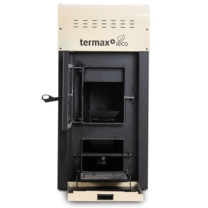 Pachet Smart Control - Termosemineu pe peleti Termax Kamin ECO, 25 kW, 160 mp, volum apa 42 litri, diametru cos fum ⌀80 mm, vas expansiune si pompa recirculare incluse + Termostat inteligent KOPH I302 WiFi + Aspirator cenusa 1000W + Stabilizator tensiune