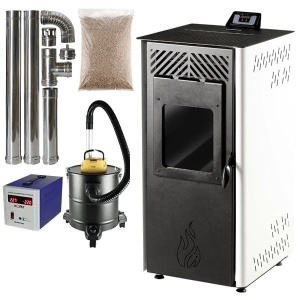 Pachet soba cu peleti TERMAX Kamin PD 10 kW, cu aer cald, 50 m², Alb